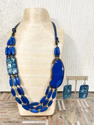 Shell Inlay Resin & Wood Necklace & Earrings Set, Blue