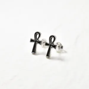 Silver Ankh Earrings - Black Cross Studs - Ancient Egyptian Earrings