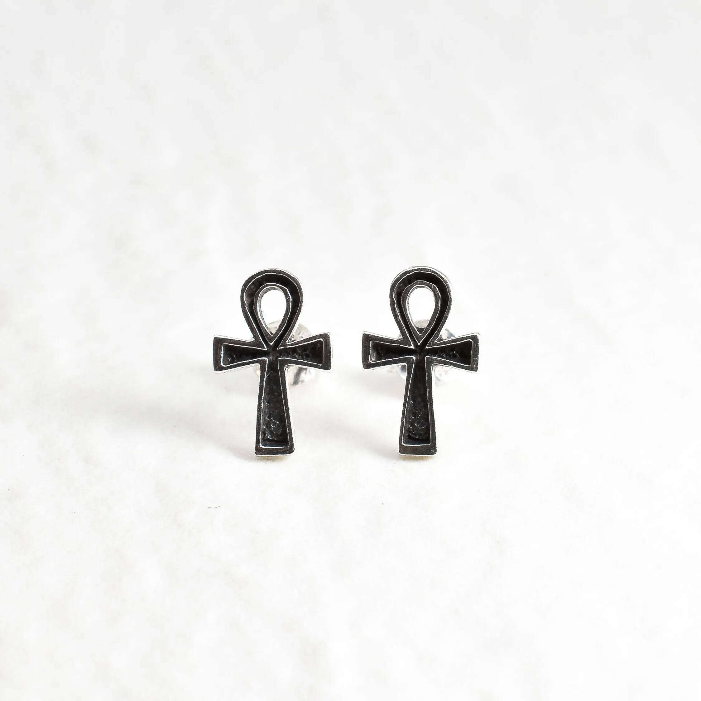 Silver Ankh Earrings - Black Cross Studs - Ancient Egyptian Earrings