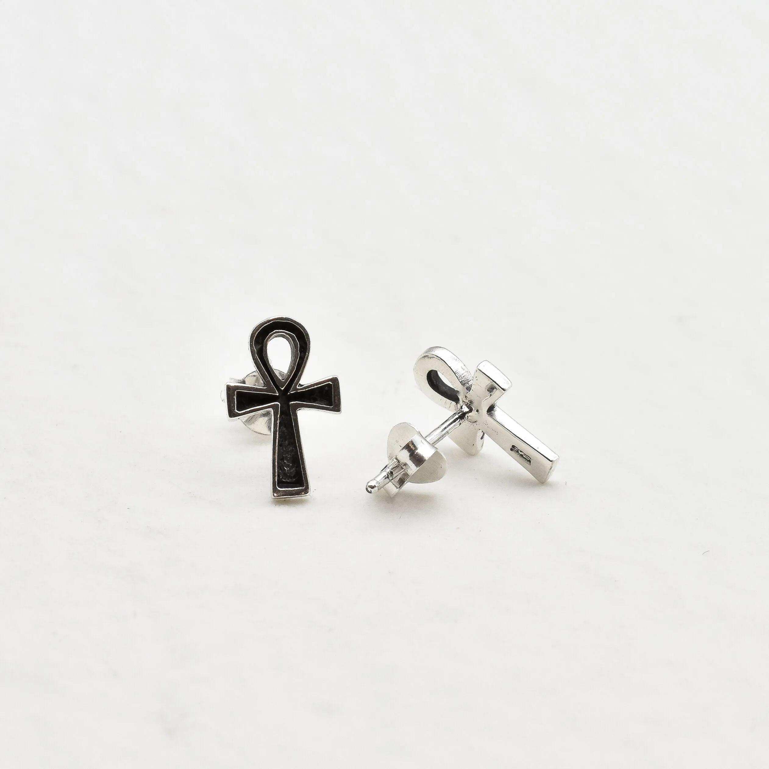 Silver Ankh Earrings - Black Cross Studs - Ancient Egyptian Earrings