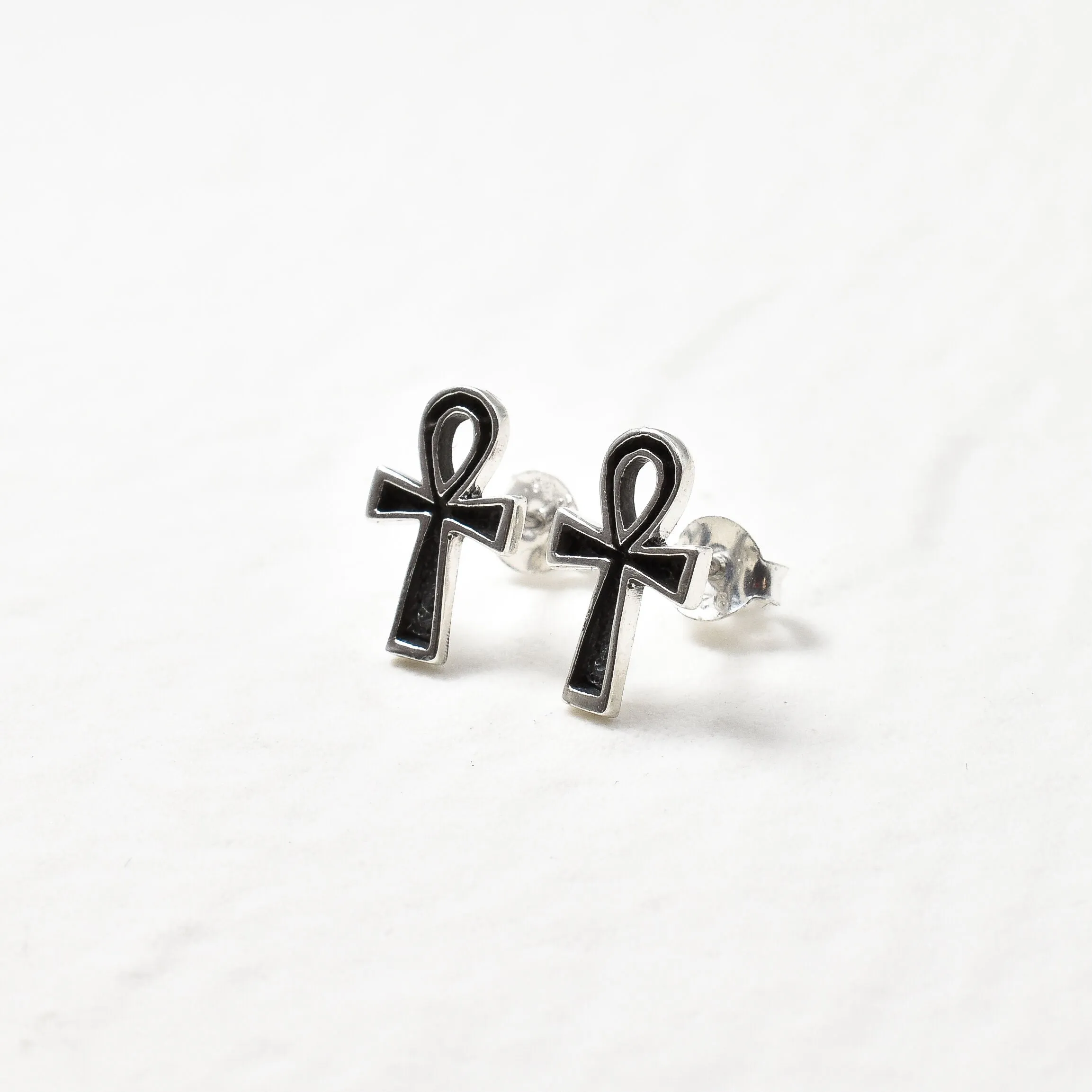 Silver Ankh Earrings - Black Cross Studs - Ancient Egyptian Earrings