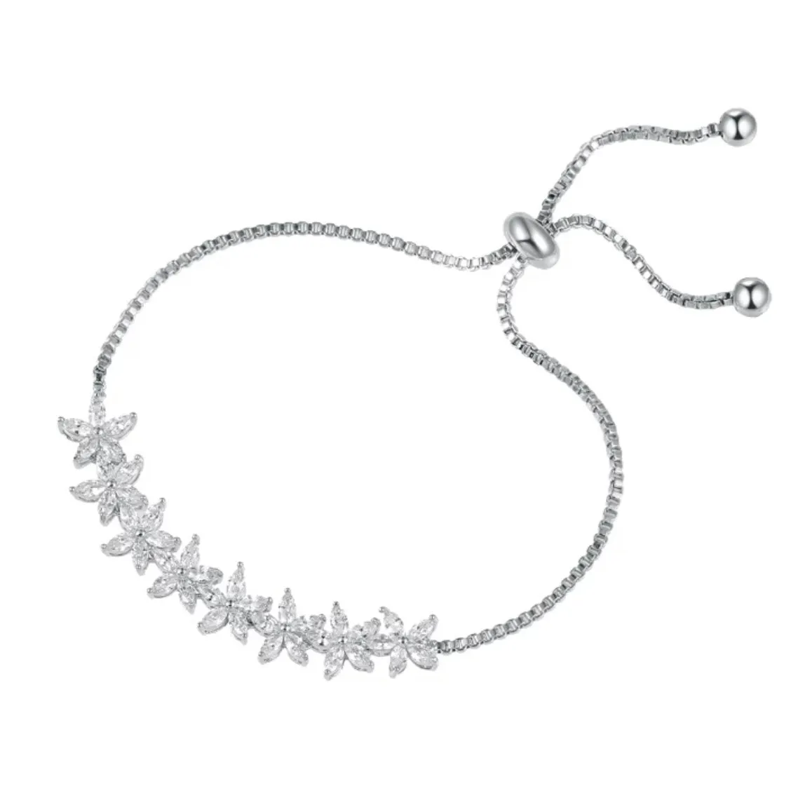 Silver Delicate Flower CZ Crystal Toggle Bracelet