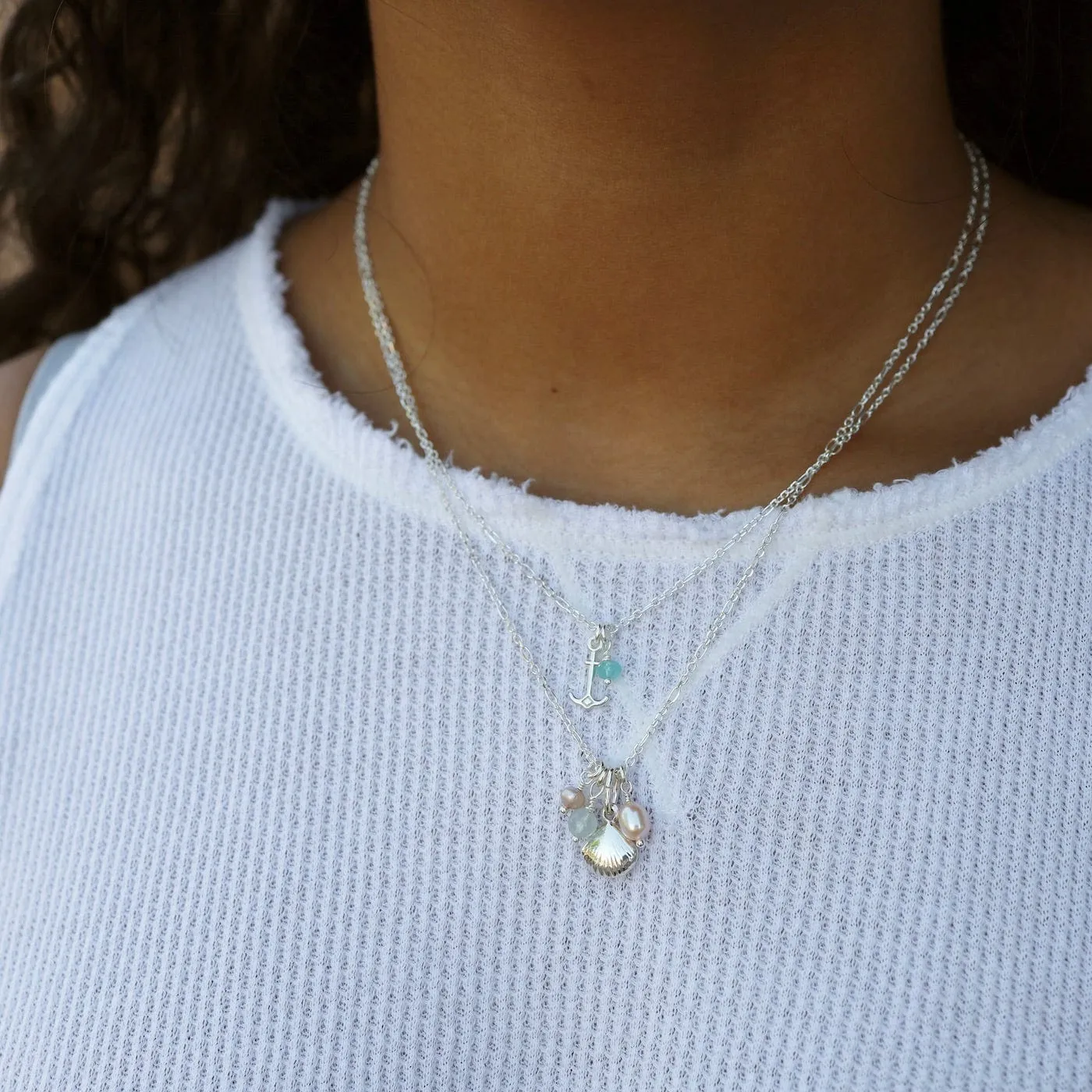 Simple Treasures Charm Necklace with Shell, Pearls, & Aqua