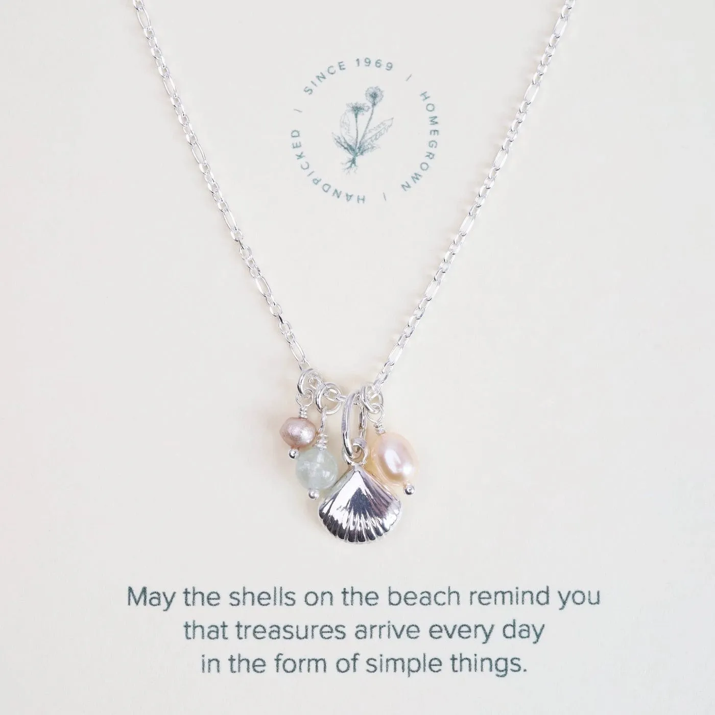 Simple Treasures Charm Necklace with Shell, Pearls, & Aqua