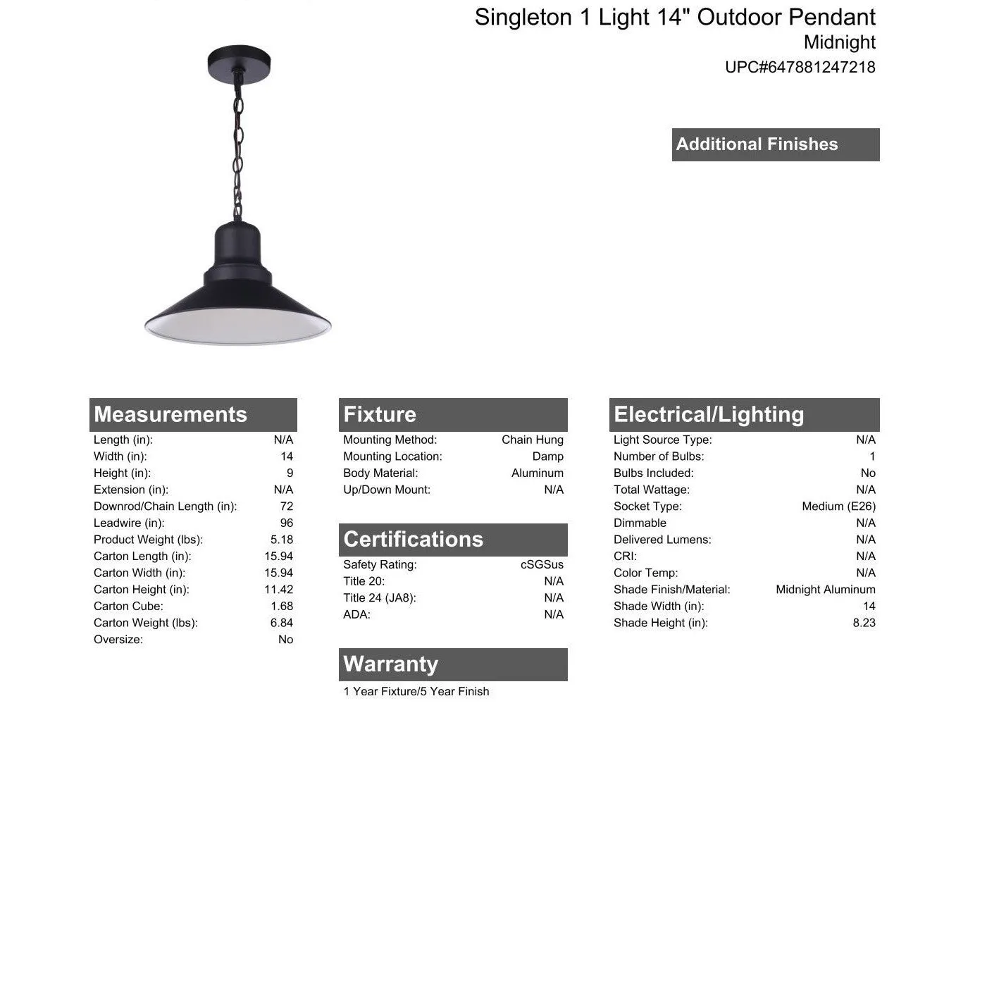 Singleton 1 Light 14" Outdoor Pendant in Midnight