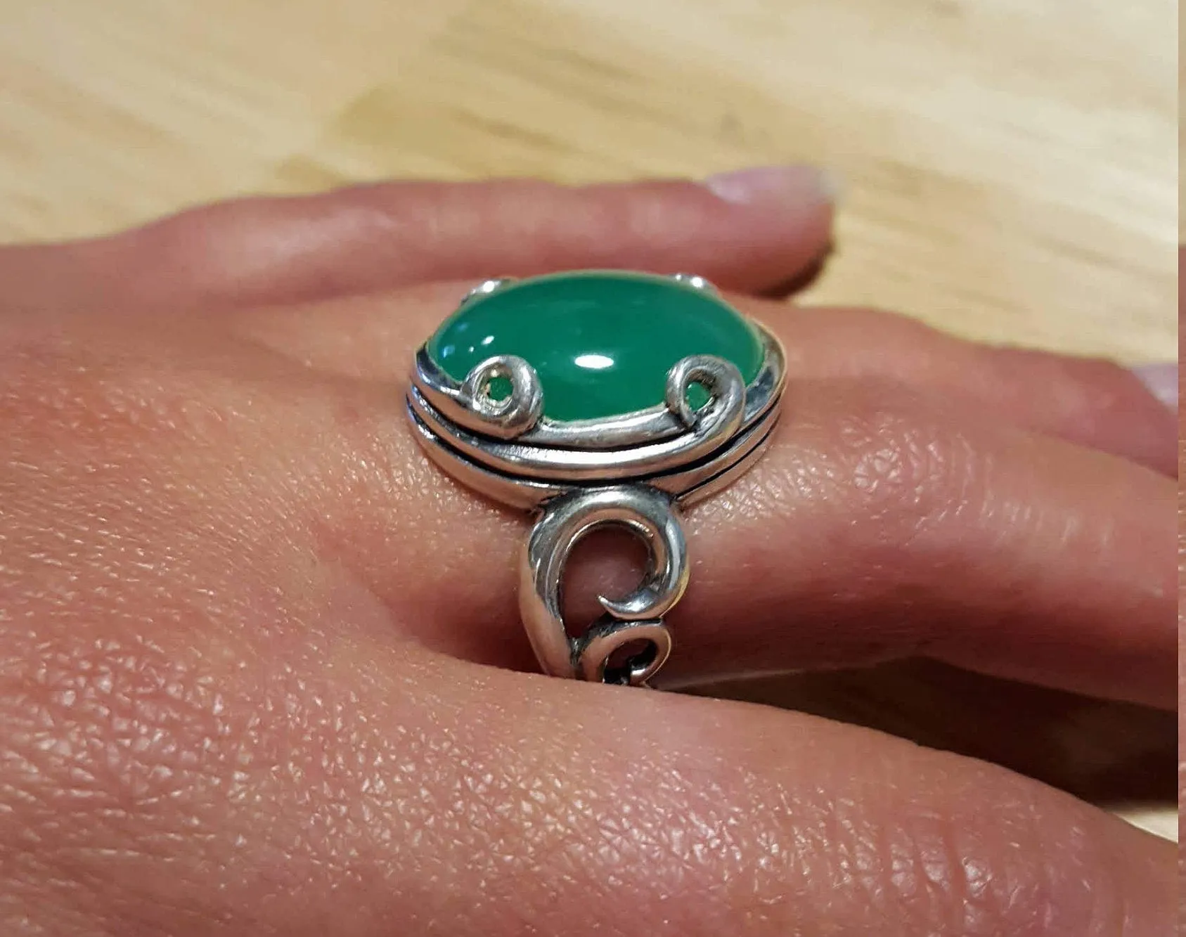 Solitaire Chrysoprase Silver Ring, Natural Chrysoprase Ring, Statement Silver Ring