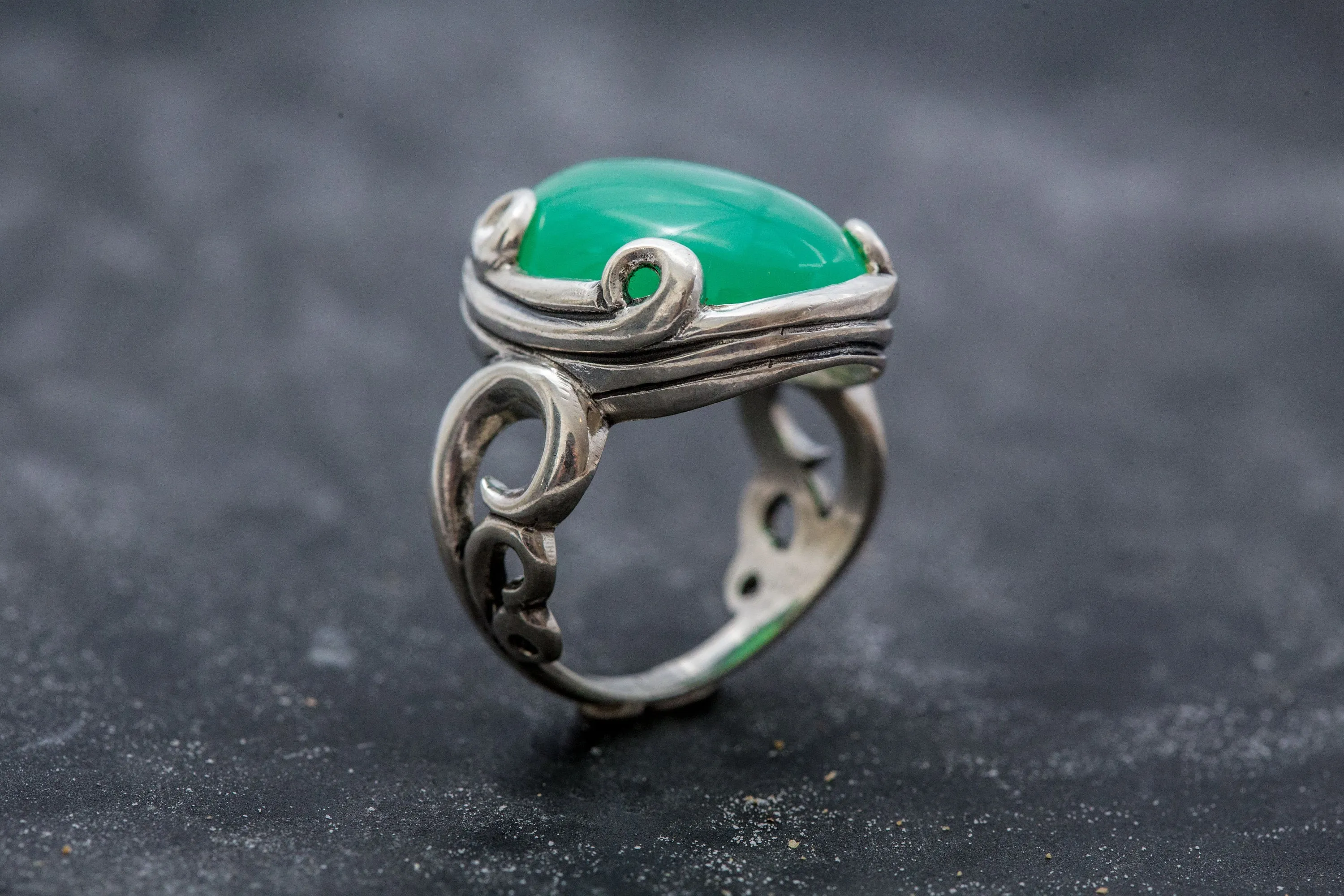 Solitaire Chrysoprase Silver Ring, Natural Chrysoprase Ring, Statement Silver Ring