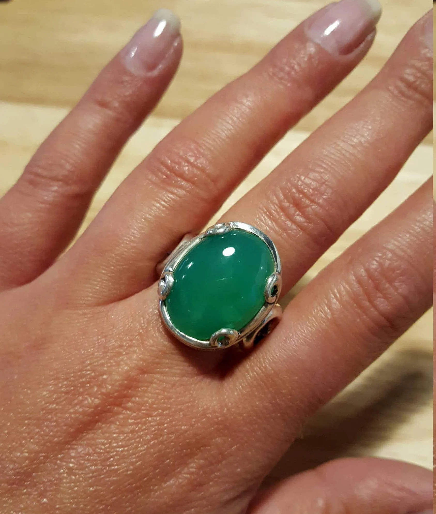 Solitaire Chrysoprase Silver Ring, Natural Chrysoprase Ring, Statement Silver Ring