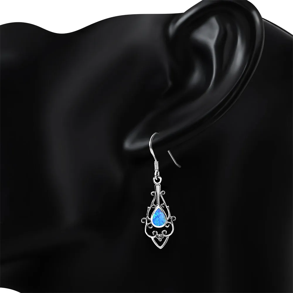 Synthetic Azure Blue Opal Drop Sterling Silver Earrings