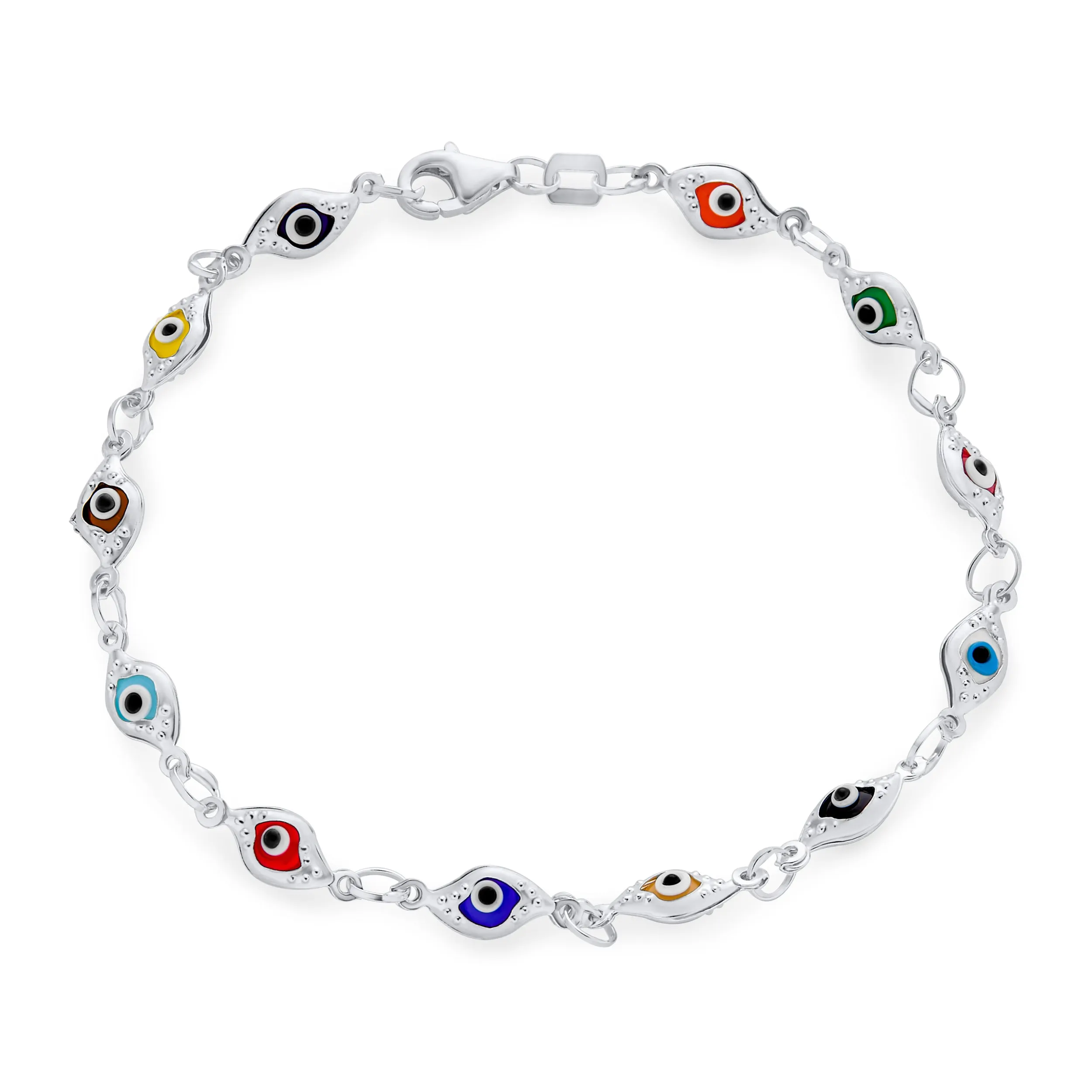 Turkish Multicolor Evil Eye Strand Bracelet with Sterling Silver Charms