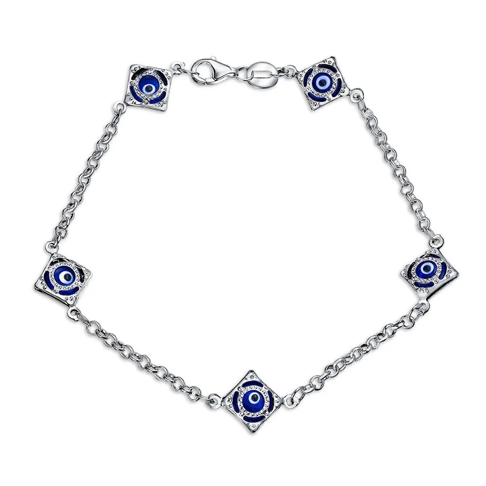 Turkish Navy Evil Eye Chain Link Bracelet Sterling Silver 7.5 Inch