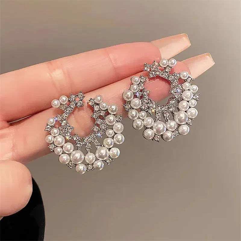 VAIGE Starry Asymmetrical Floral Crystal and Pearl Stud Earrings in Elegant Silver and Gold