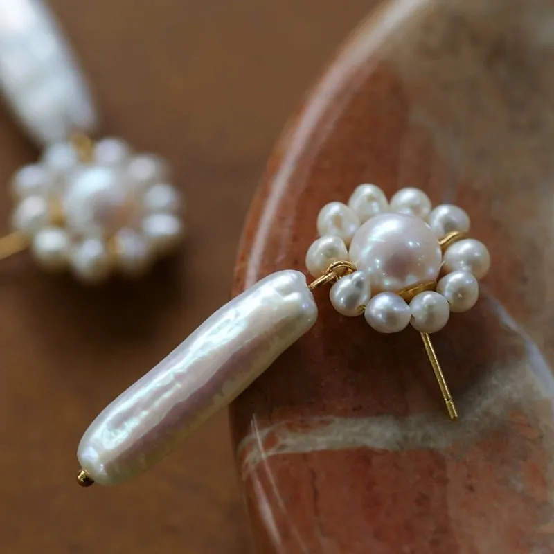 Weaving Flower Natural Baroque Pearl Drop Earrings