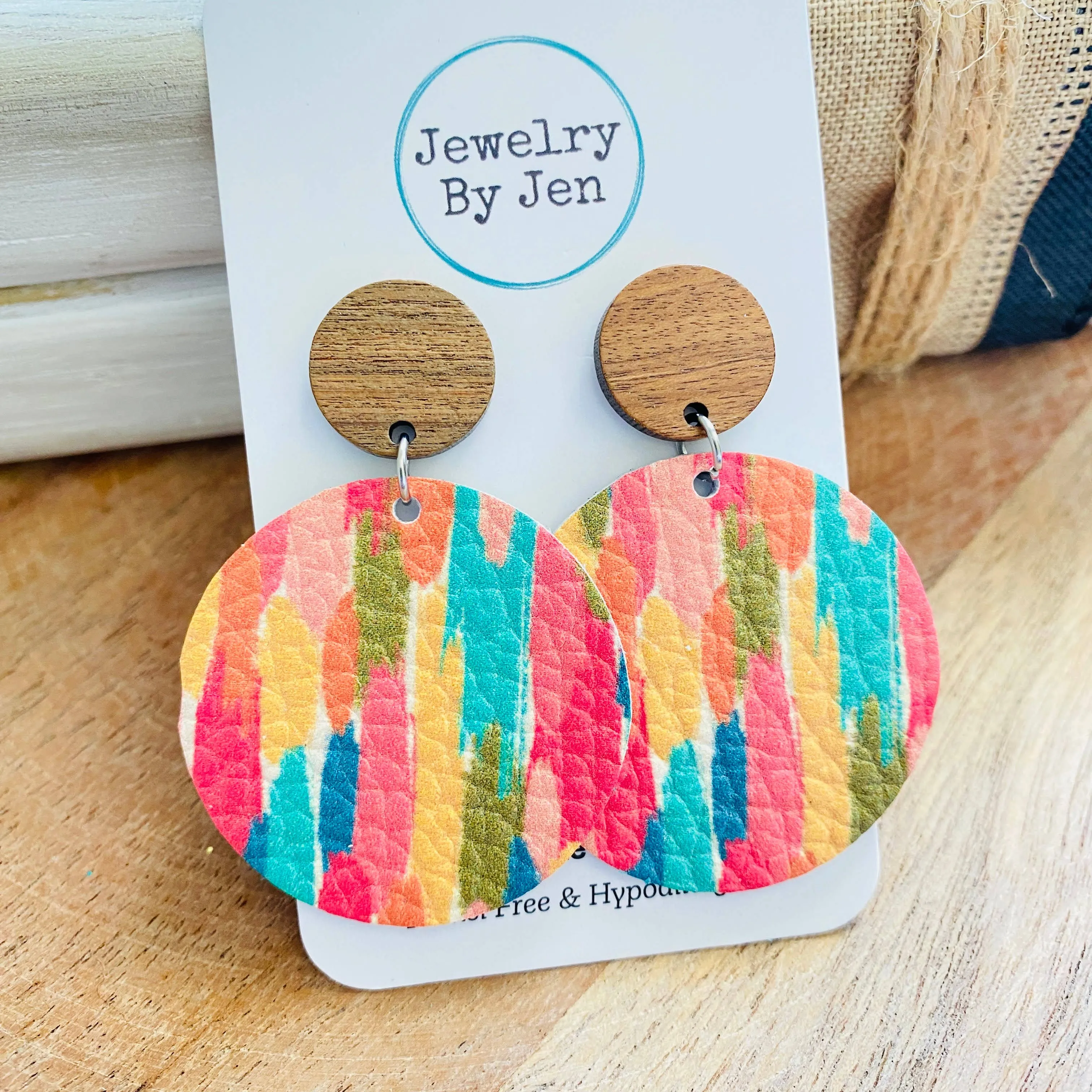 Wood Stud Circle Earrings - Colorful Brushstrokes