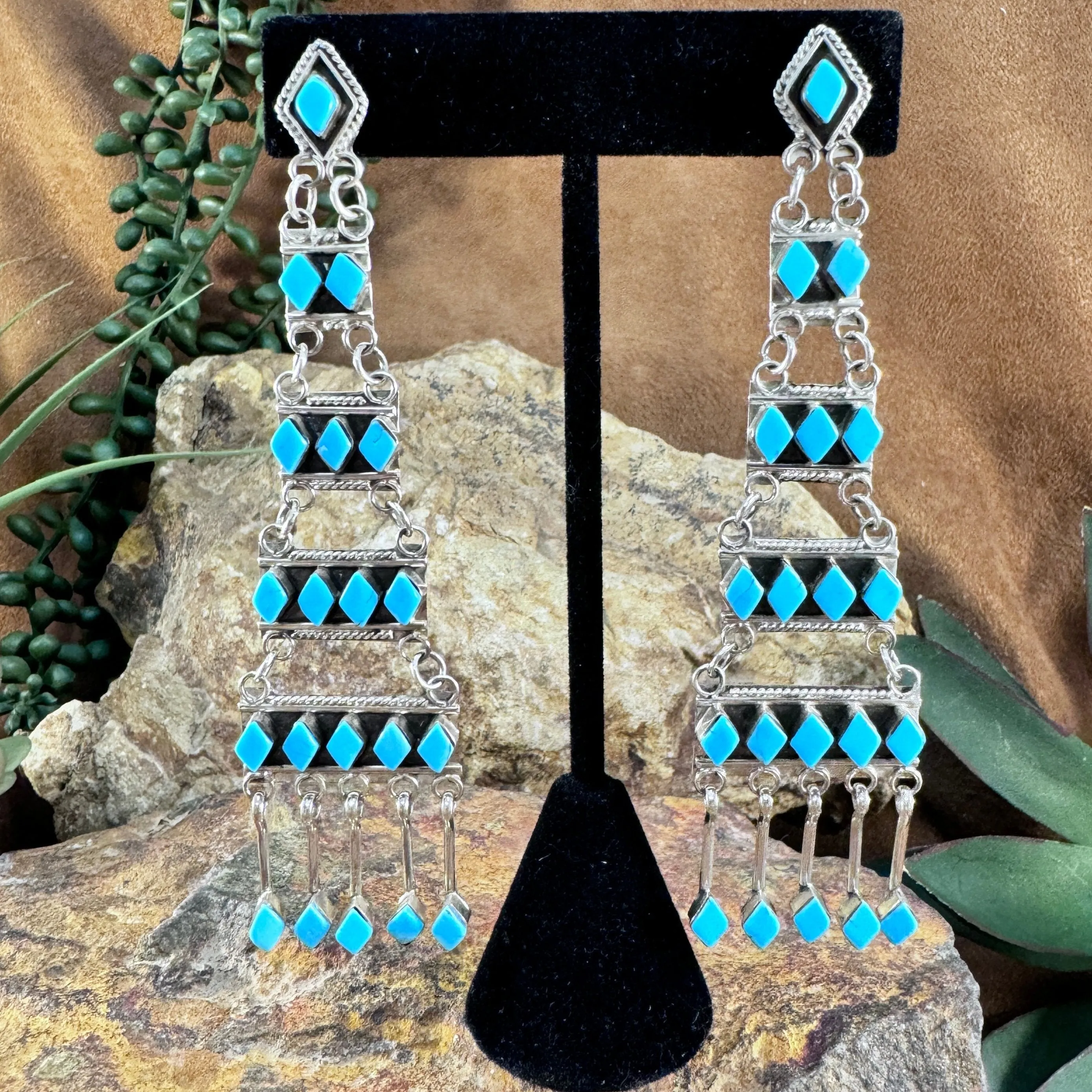 Zuni Kingman Turquoise Chandelier Earrings by Priscilla Chavez